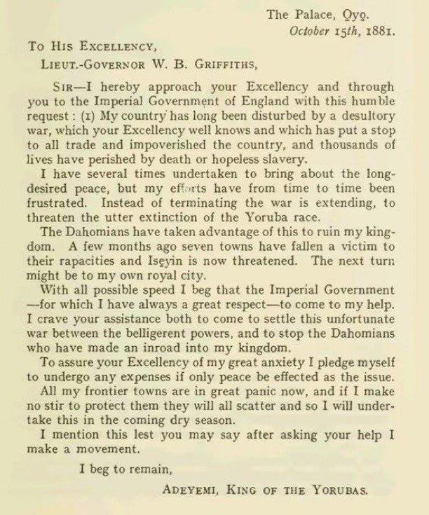 Lettre de l’Alaafin Adeyemi Iᵉʳ aux Britanniques, 10 octobre 1885